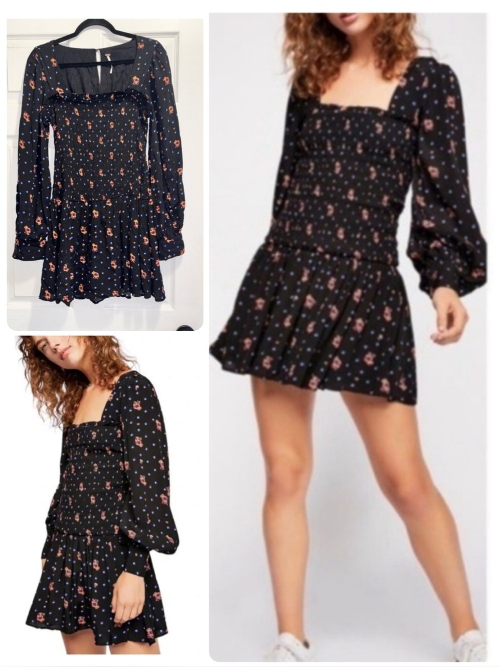 Free People Two Faces Smocked Mini Dress Floral in Black Combo Size Small